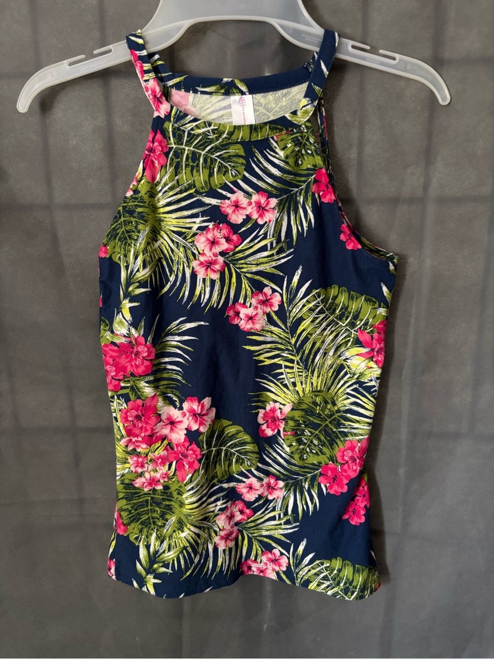 Navy Halter Tank Top with Pink Floral and Green Leaves Juniors S (3-5) NoBo